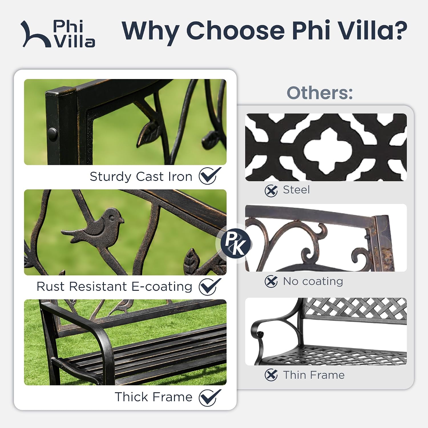 PHI VILLA Outdoor Garden Park Bench Patio 50' Metal Bench, Steel Frame Bench with Backrest and Armrests for Porch, Lawn, Balcony, Backyard and Indoor, Bronze