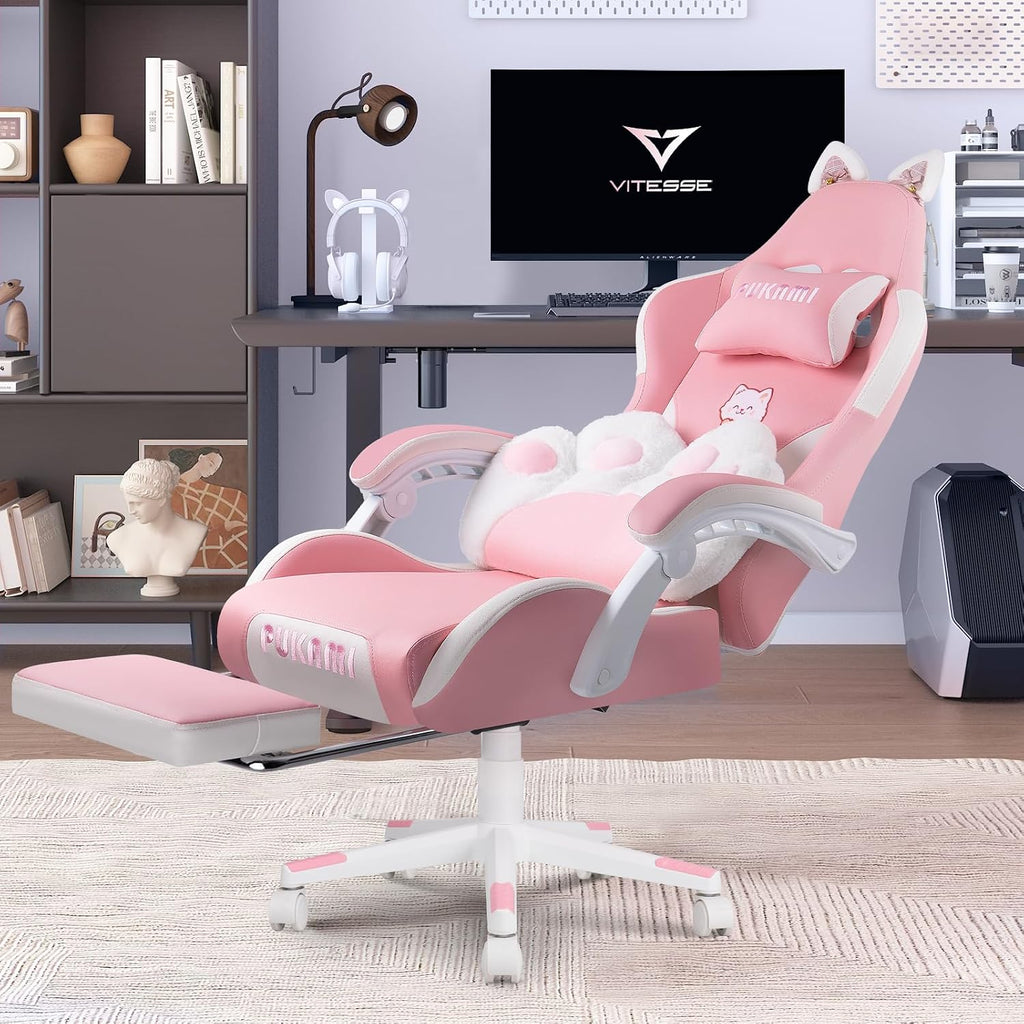 VITESSE Pink Gaming Chair for Girl with Cat Paw Lumbar Cushion and Cat Ears,Ergonomic Computer Chair for Girl with Footrest and Headrest Comfortable Reclining PC Game Chair for Adult,Kid (White)