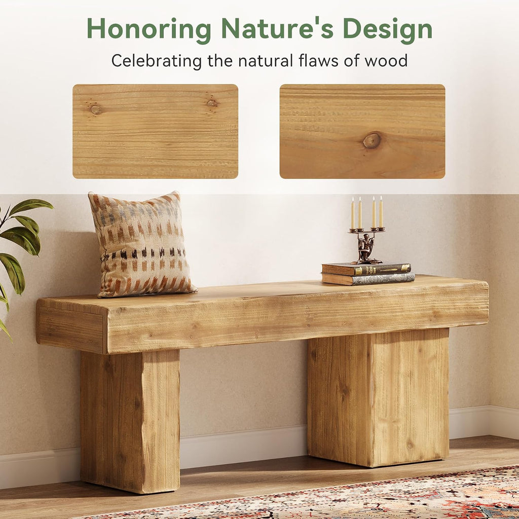 Solid Wood Bench, 47' Farmhouse Entryway Bench with Thickened Seat & Artistic Legs, Heavy Duty Indoor Bench for Bedroom, Hallway, Living Room, Indoor, Porch, Natural