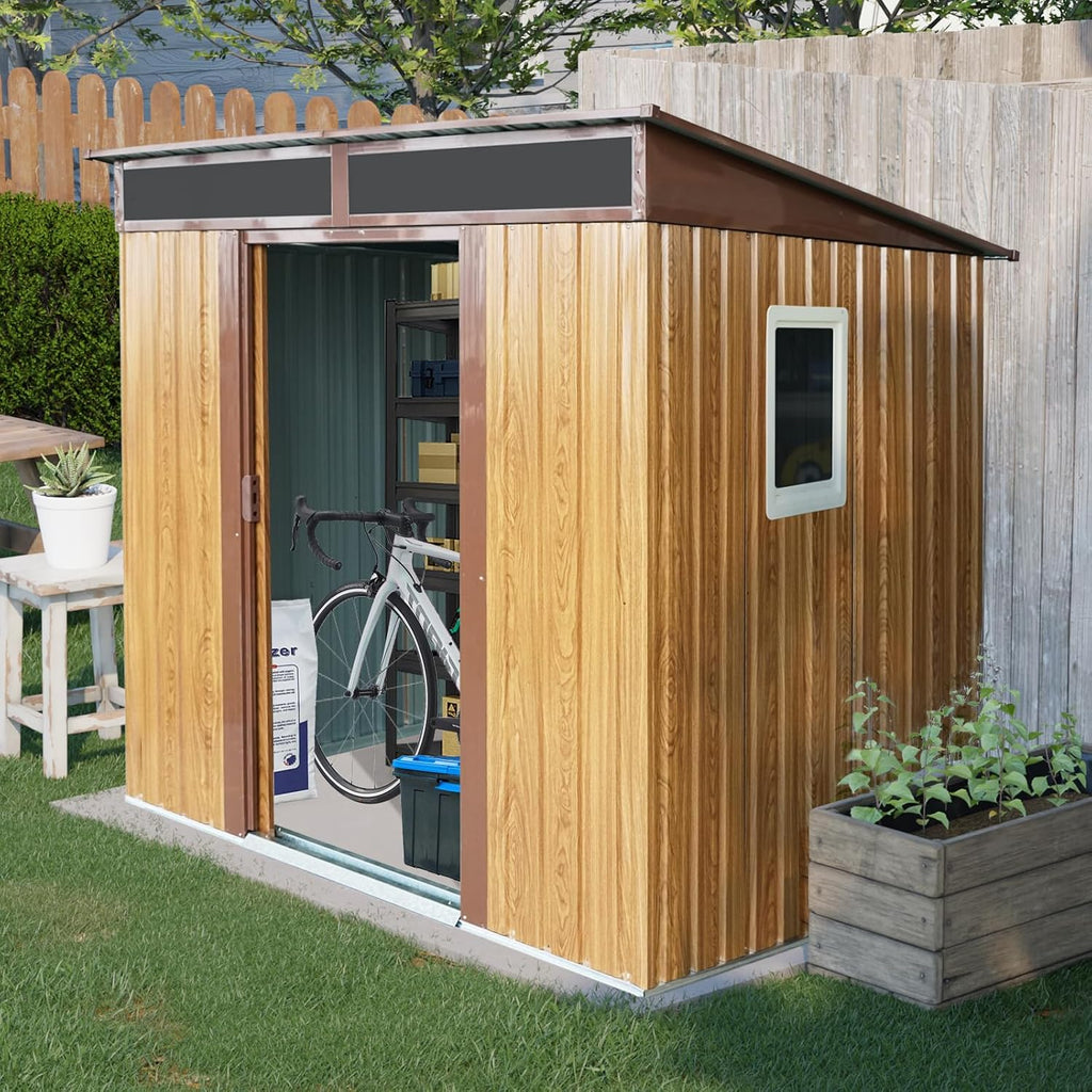 JT 6X4.5FT Outdoor Storage Shed, Galvanized Metal Garden Shed with Window and Metal Foundation, Tool Storage Shed for Patio Lawn Backyard (Coffee-with The window-6ftx4.5ft)