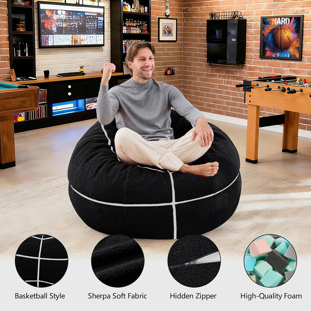 Sports Black Basketball Bean Bag Chair - Giant Bean Bag Chairs for Adults and Kids - Oversized Bean Bag Sofa Couch with Filler - Plush BeanBag Furniture for Living Room Bedroom Dorm Office - 44 Inch