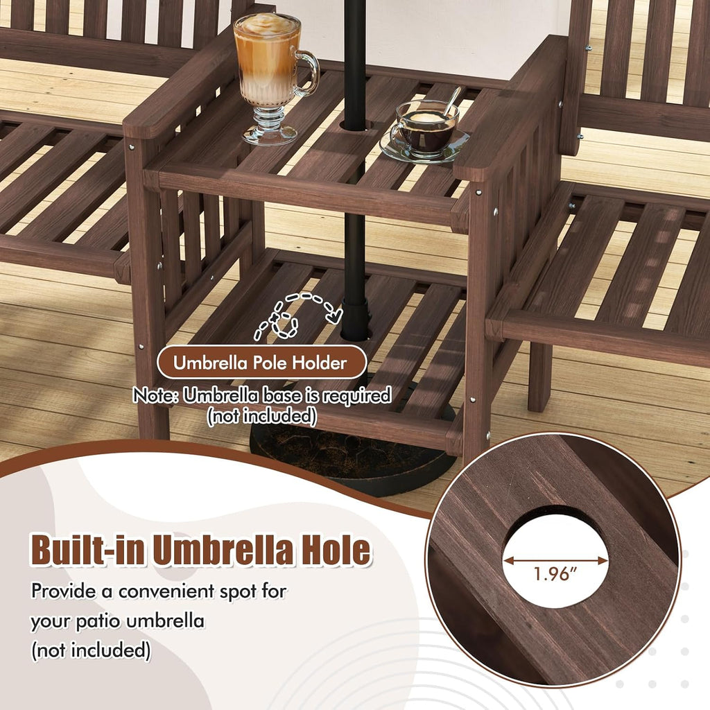 Tangkula Outdoor Fir Wood Loveseat with 2-Tier Side Table and Umbrella Hole, 2-Seater Patio Garden Bench with Armrests and Slatted Seats, Outdoor Table and Chairs Set for Porch and Balcony