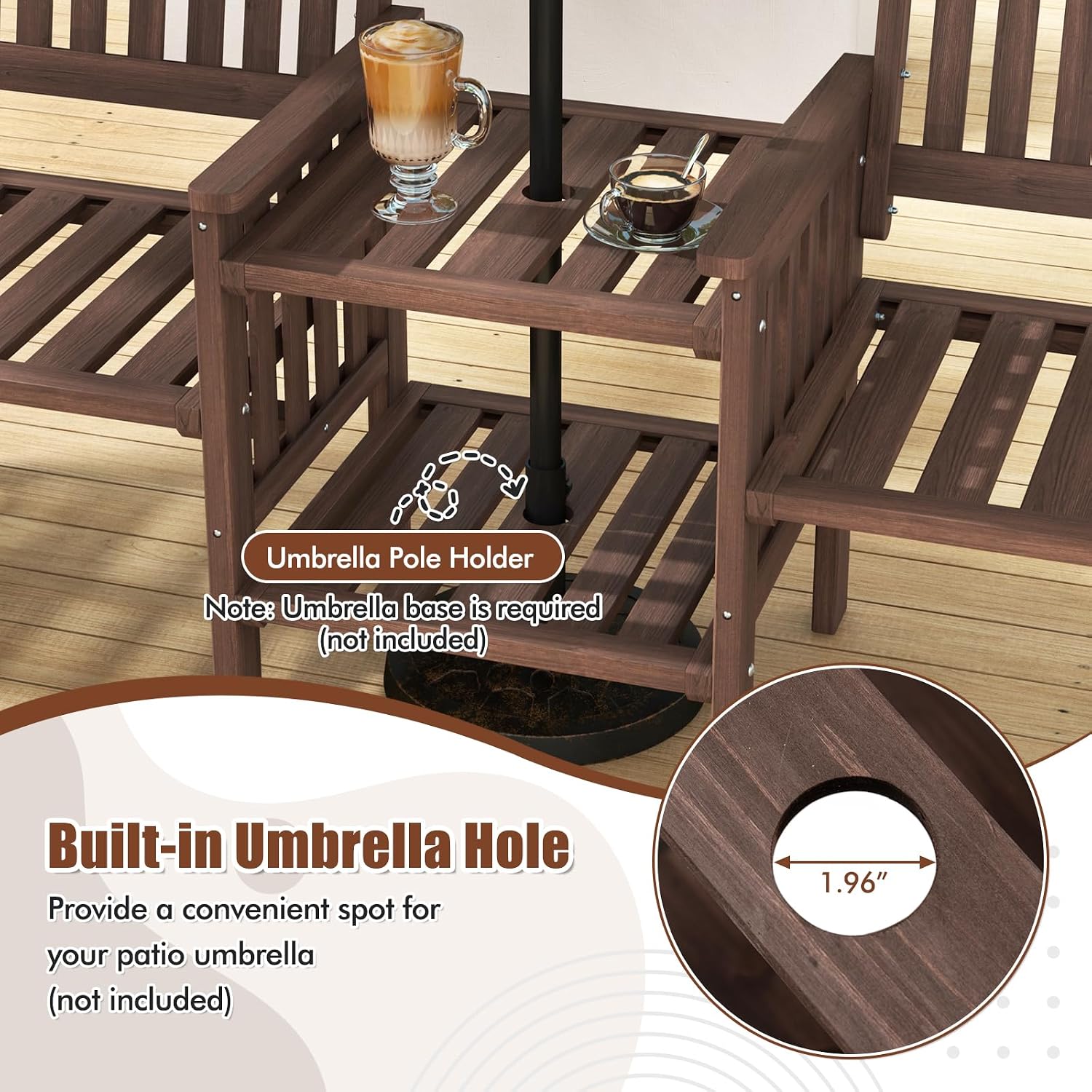 Tangkula Outdoor Fir Wood Loveseat with 2-Tier Side Table and Umbrella Hole, 2-Seater Patio Garden Bench with Armrests and Slatted Seats, Outdoor Table and Chairs Set for Porch and Balcony