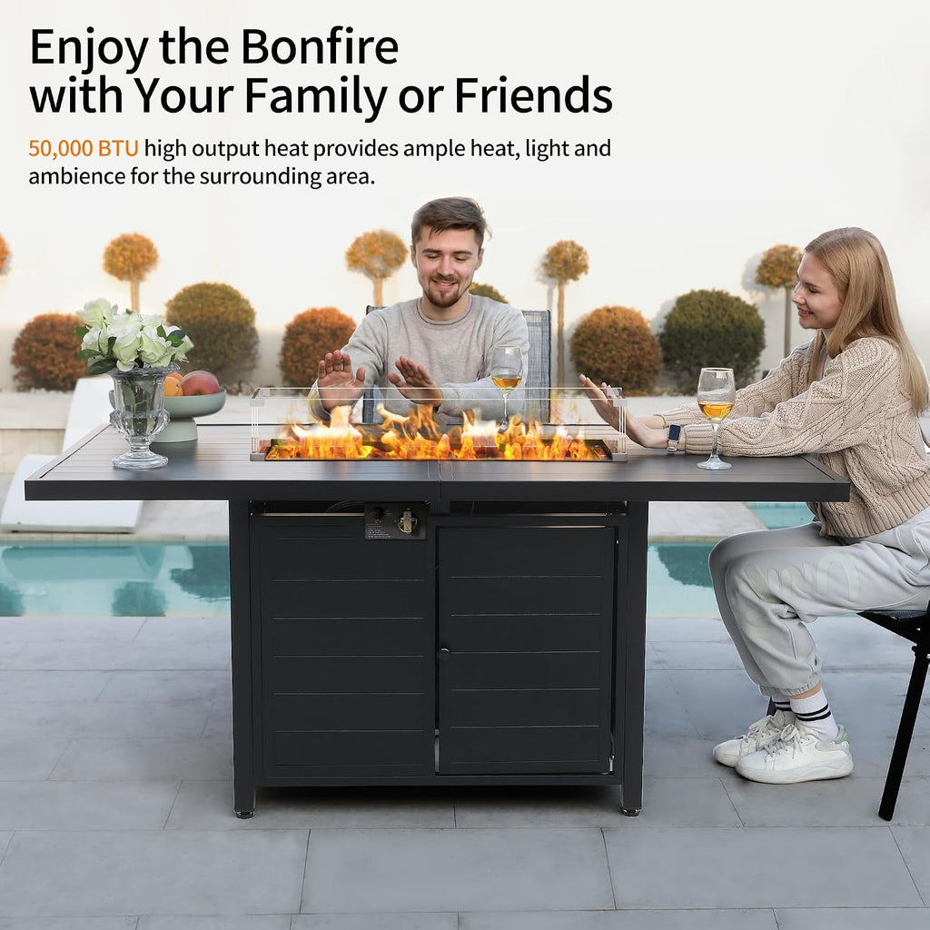 PIZZELLO 7 Pieces Patio Furniture Set w/ 60' Gas Fire Pit Table and 6 Patio Dining Chairs, Outdoor Conversation Set 50,000 BTU Aluminum Propane Fire Pit Stackable Patio Chairs Set of 6 for Backyard