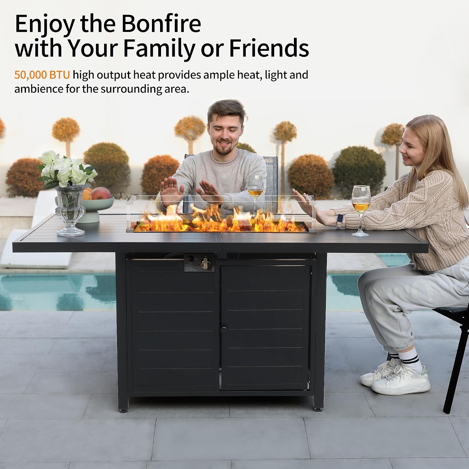 PIZZELLO 7 Pieces Patio Furniture Set w/ 60' Gas Fire Pit Table and 6 Patio Dining Chairs, Outdoor Conversation Set 50,000 BTU Aluminum Propane Fire Pit Stackable Patio Chairs Set of 6 for Backyard
