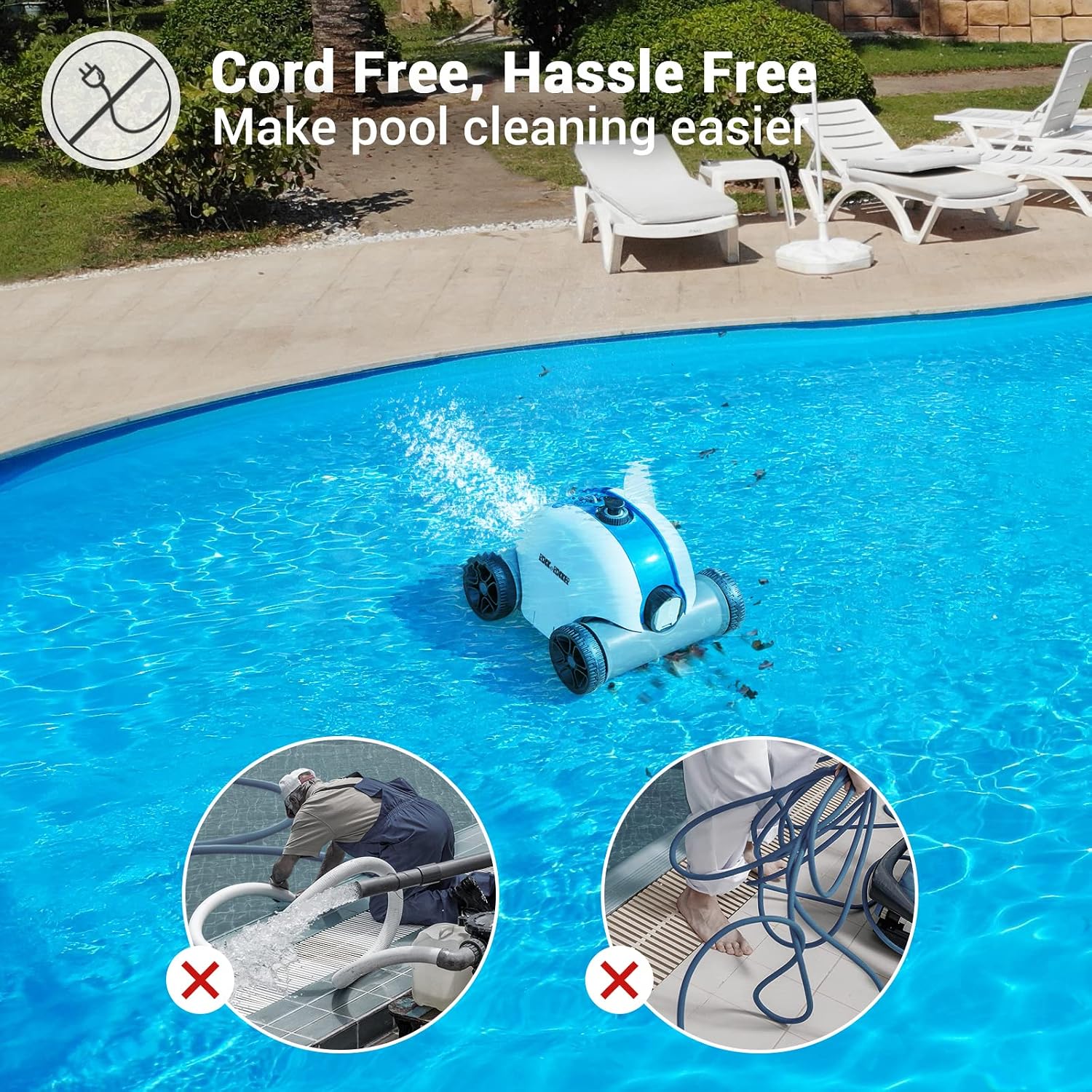 Rock&Rocker Cordless Robotic Pool Cleaner, Automatic Robot Vacuum With 60-90 Mins Working Time, Rechargeable Battery, IPX8 Waterproof for Above Ground Swimming Pools Up to 861 Sq Ft, Blue