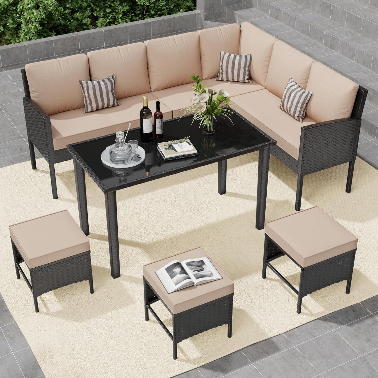 7-Piece Outdoor Patio Furniture Set, Wicker Sectional Sofa with Seat & Back Cushions & 3 Pillows, All-Weather Conversation Set with Long Glass Coffee Table for Garden, Porch, Lawn, Khaki