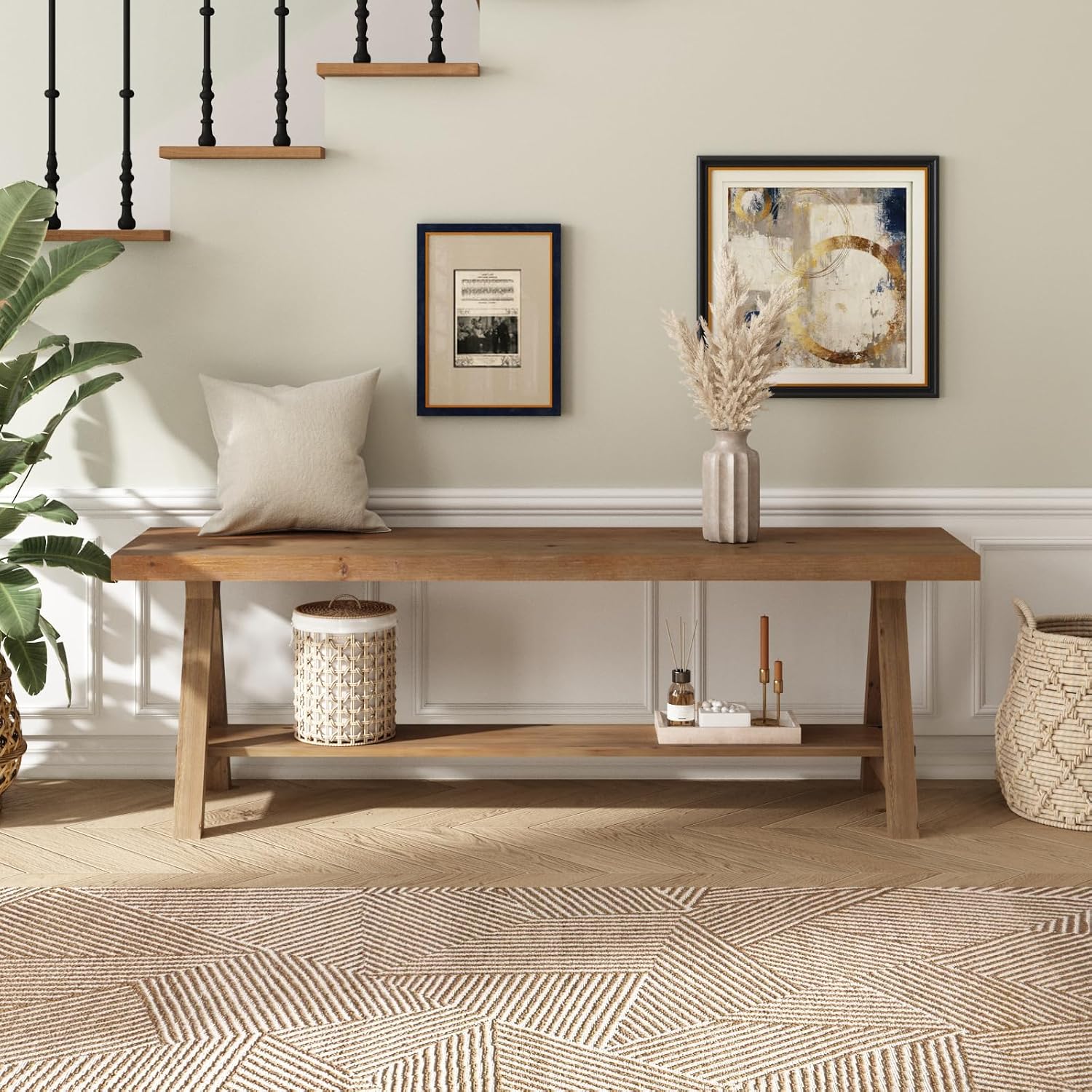 RowyPoey 54' Solid Wood Bench, Long Farmhouse Entryway Bench with Storage Shelf, Triangular Leg Design, Narrow Rustic Benches for Hallway, Bedroom, Dining, Kitchen, Easy Assembly