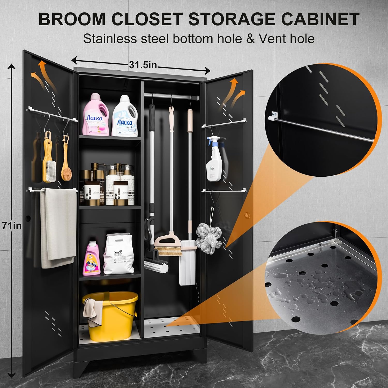 OSEILLC 71'' Metal Storage Cabinet with Doors, Multifunctional Bathroom/Garage Lockable Steel Cabinet, Broom Closet Storage with Hanging Rod (Style-1)