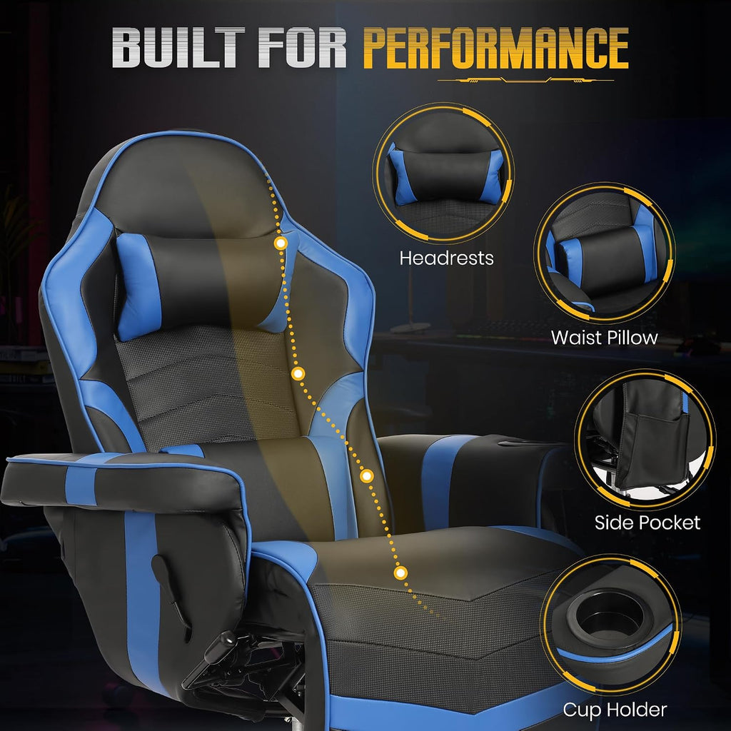 Massage Gaming Recliner Chair with Cup Holder & Side Pockets – Ergonomic PU Leather Video Gaming Chair with Footrest, Manual Recline, Headrest & Lumbar Support for Office or Game Room (Blue)