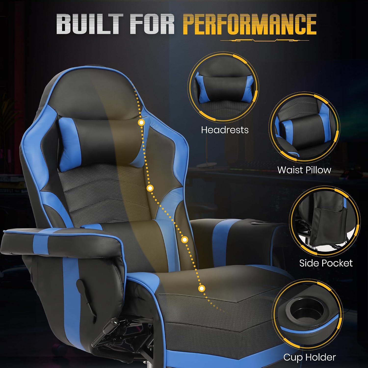 Massage Gaming Recliner Chair with Cup Holder & Side Pockets – Ergonomic PU Leather Video Gaming Chair with Footrest, Manual Recline, Headrest & Lumbar Support for Office or Game Room (Blue)