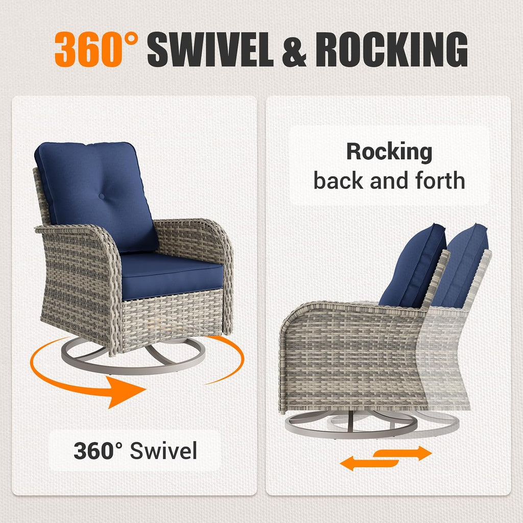 10Pcs Patio Rocking Swivel Chair with 55,000 BTU Fire Pit Table Outdoor Wicker Rattan Bistro Set with Tempered Glass Side Table, Outdoor Patio Furniture Set for Garden and Balcony, Blue