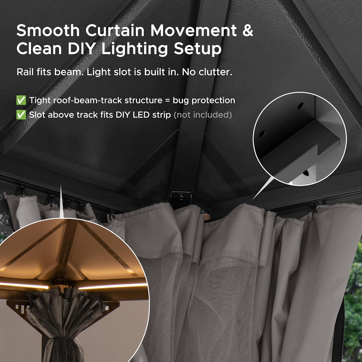 SUNJOY Kingston 14' x 12' Hardtop Gazebo with Galvanized Steel/Polycarbonate Double Roof, Curtain and Netting, Woodgrain Finish Aluminum Posts Permanent Pavilion Gazebo for Garden, Patio, Deck, Lawn