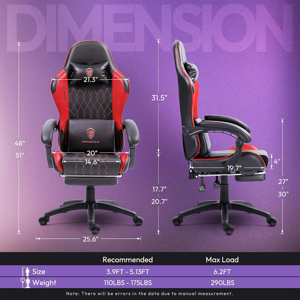 Dowinx Gaming Chair with Massage Lumbar Support and Footrest, Video Game Chair for Adults, Adjustable Ergonomic Gamer Chairs High Back with Pocket Spring Cushion, Swivel Recliner, Black and Red