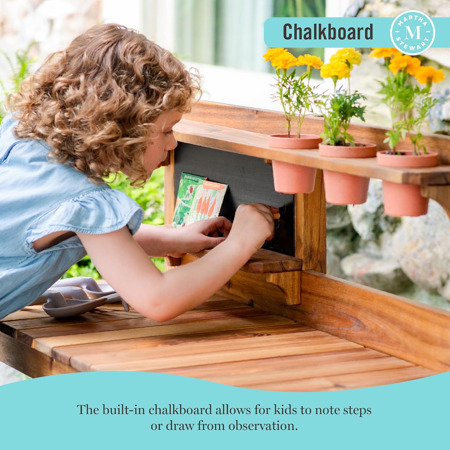 Martha Stewart Kids' Outdoor Potting Bench: Wooden Mud Kitchen Playset w/Pots, Gardening Tools, Chalkboard, Removable Sink | Kids' Pretend Play Furniture, Sensory Mud Table w/Storage for Backyard