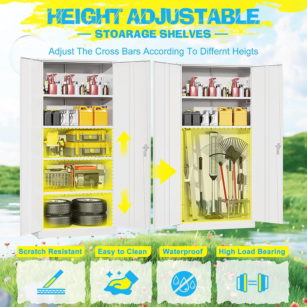 Pataku Metal Storage Cabinet, Garage Cabinet with Doors and Shelves Lockable Steel Multifunctional Cabinets, White File Cabinets for Home, Office, Garage, Warehouse