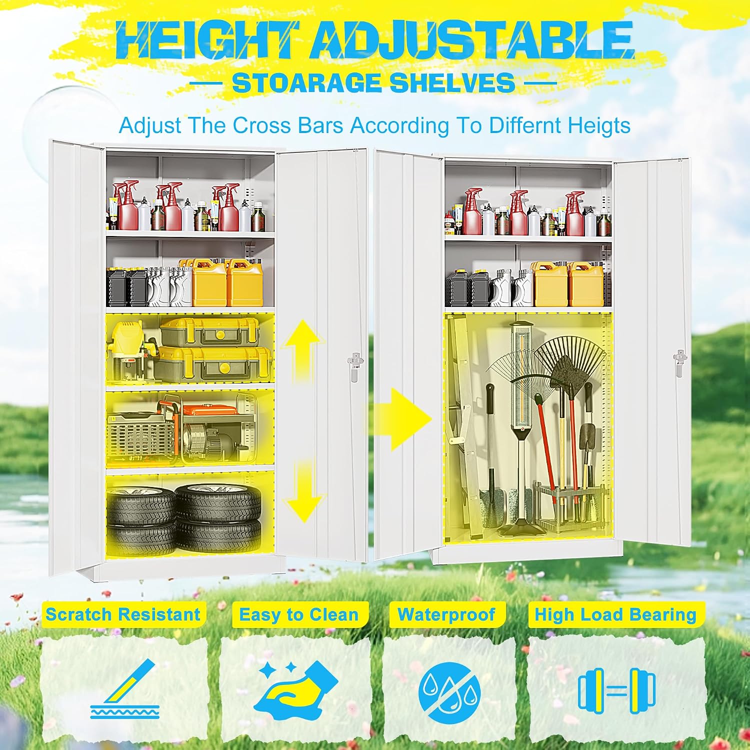 Pataku Metal Storage Cabinet, Garage Cabinet with Doors and Shelves Lockable Steel Multifunctional Cabinets, White File Cabinets for Home, Office, Garage, Warehouse