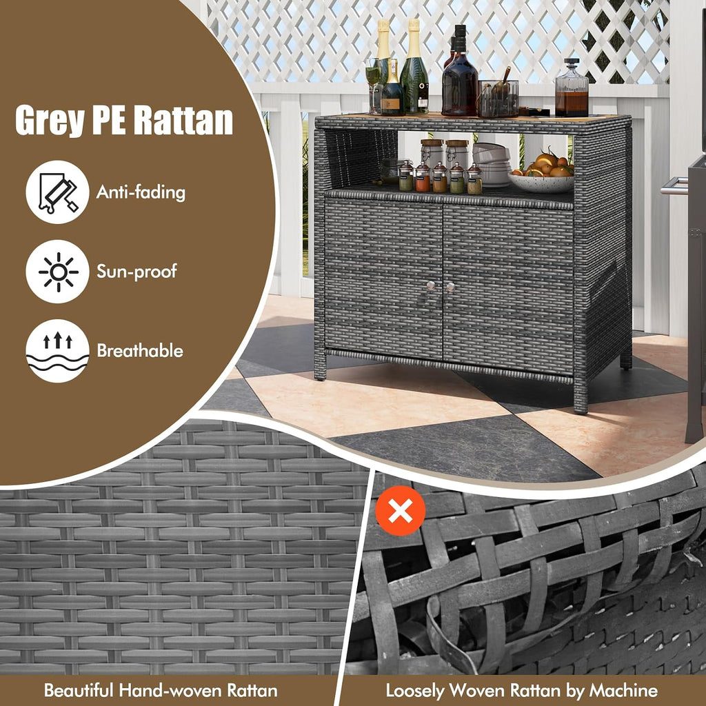 HAPPYGRILL Rattan Storage Cabinet, Patio Sideboard Buffet Cabinet with Acacia Wood Countertop, Open Shelf & 2 Door Cabinet, Wicker Storage Organizer for Garden Tools (Mixed Grey)
