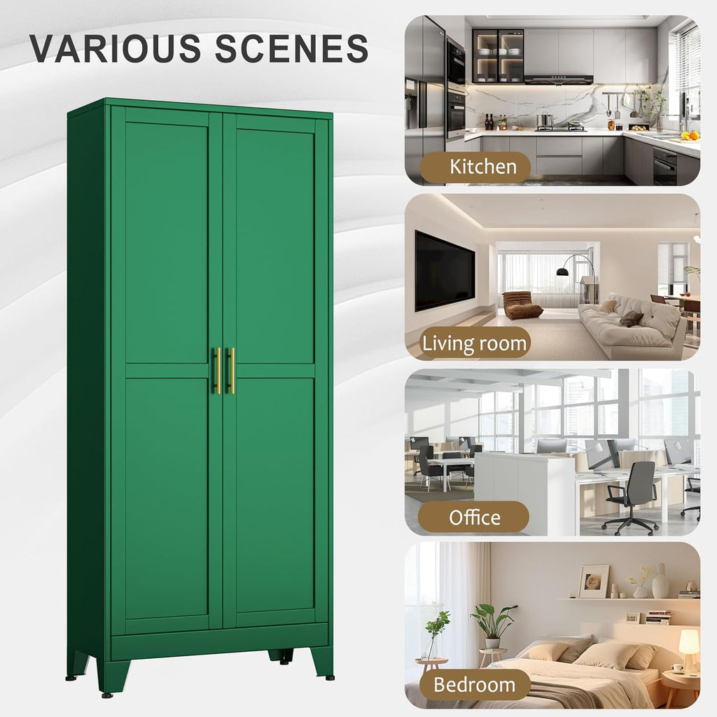 pozdeg 75' Tall Pantry Cabinet, Metal Kitchen Storage Cabinet with 2 Doors and 5 Adjustable Shelves, White Storage Cabinet Cupboard for Kitchen, Dining Room, Living Room and Bathroom (Green)