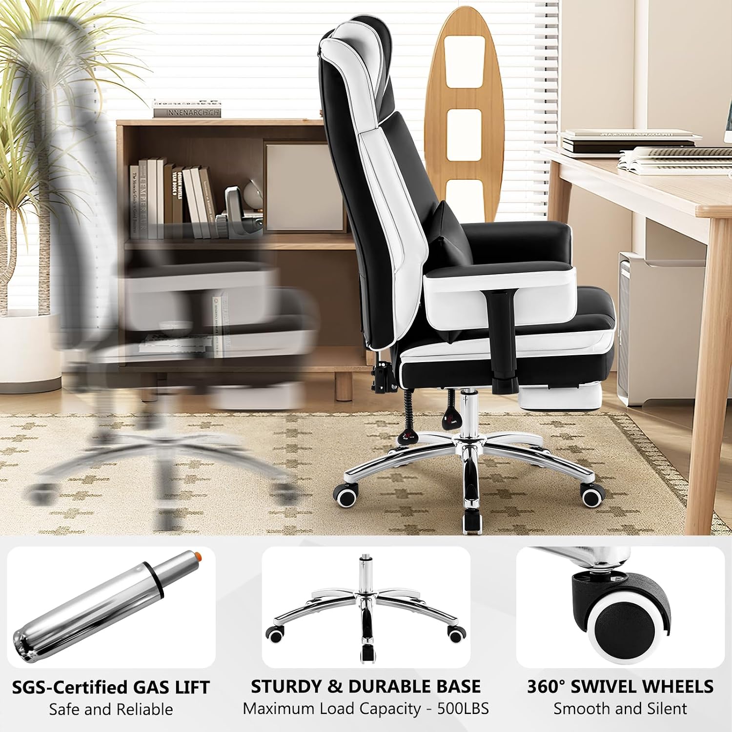Heavy Duty Office Chair with Footrest High Back, PU Leather Office Chair with with Adjustable Lumbar Support, Reclining Computer Desk Chair with Adjustable Height, Adjustable Armrests, Black White