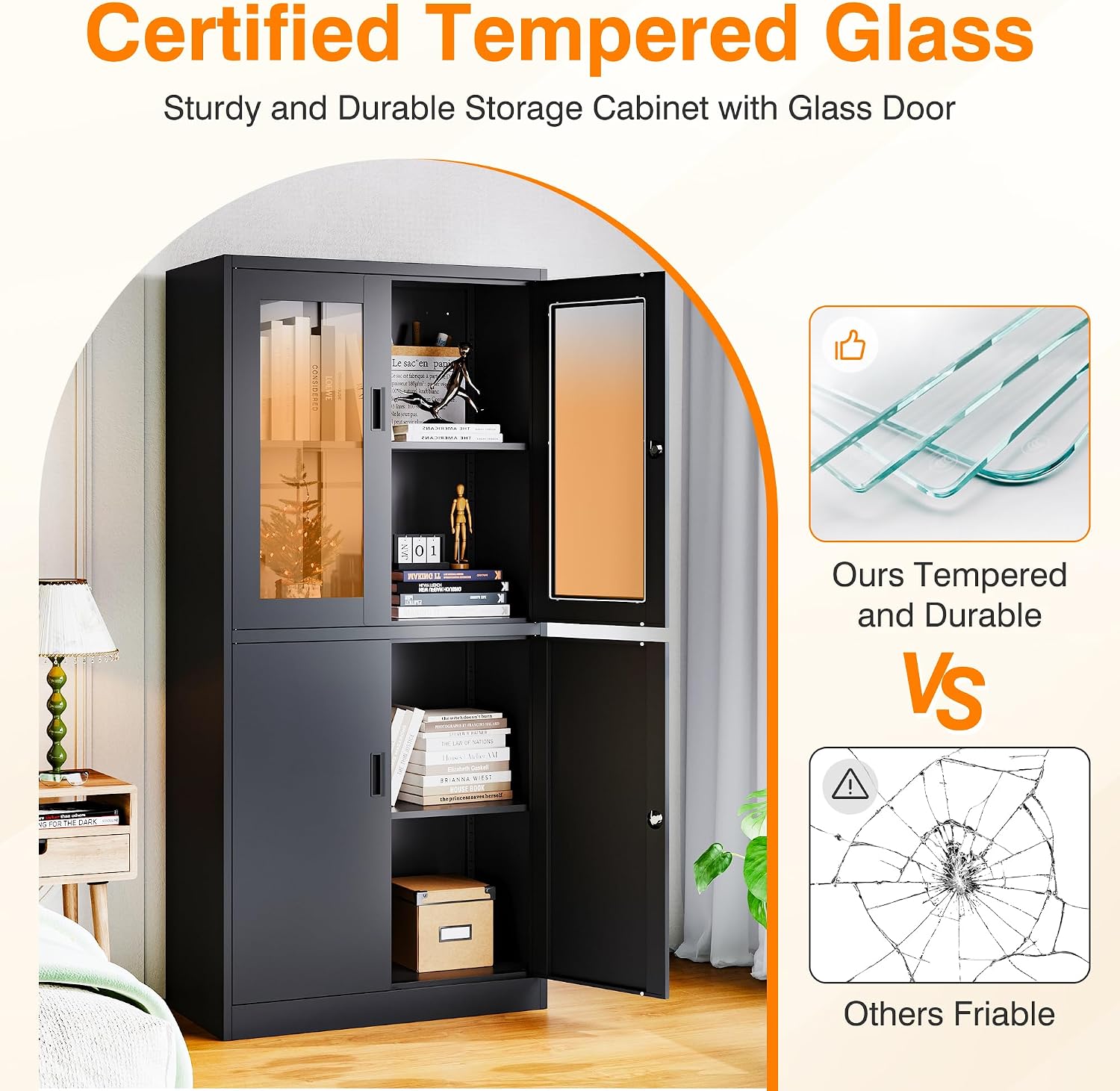 Metal Storage Cabinet with Glass Doors, Lockable Office Storage Cabinet, 71' Tall Display Case with Adjustable Shelves for Home Office,School and Hospital (Black)