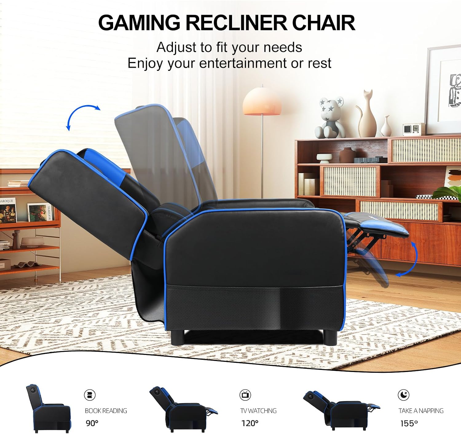 GTPLAYER Gaming Recliner Chair for Living Room Racing Style Single PU Leather Gaming Sofa for Adults Modern Game Recliners Ergonomic Comfortable Home Theater Seating, Blue