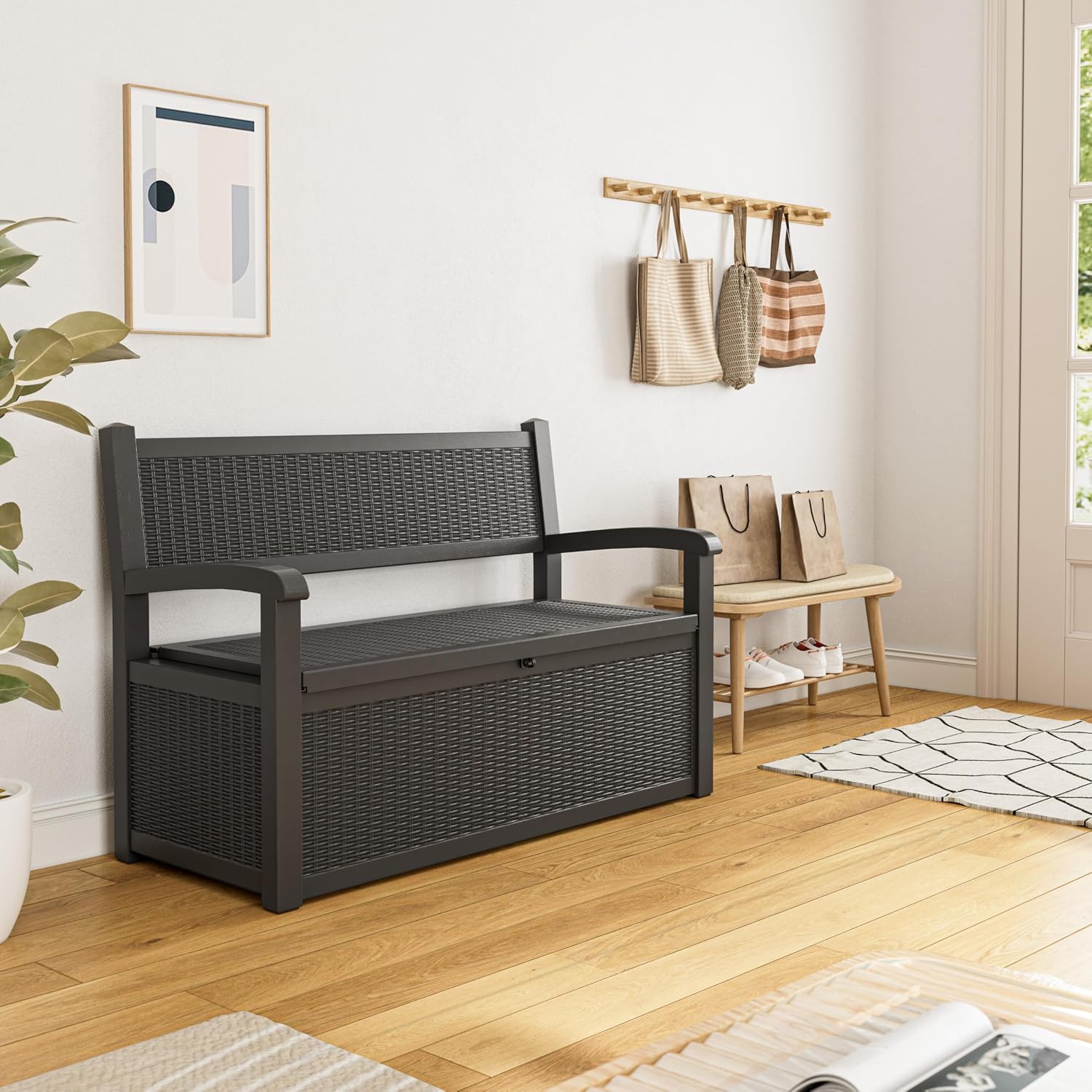 70 Gallon Lockable Outdoor Storage Bench with Armrests | Waterproof Resin Deck Box for Porch, Patio, Pool | Easy to Assemble & Clean - Black