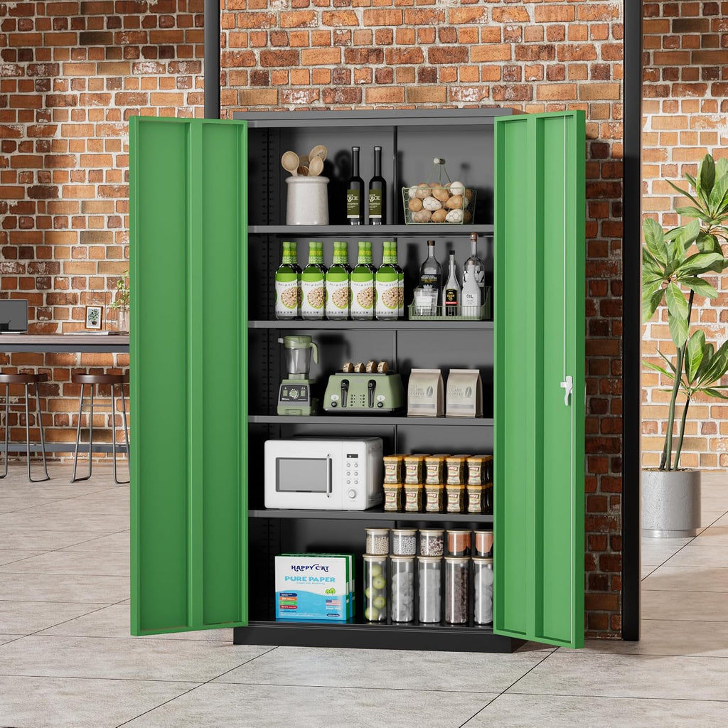 Greenvelly Metal Storage Cabinet, 72' Locking Metal Garage Storage Cabinet with Doors and 4 Adjustable Shelves, Lockable Steel Cabinet for Home Office, Garage, Shop, School (Green 36' W x 18' D)