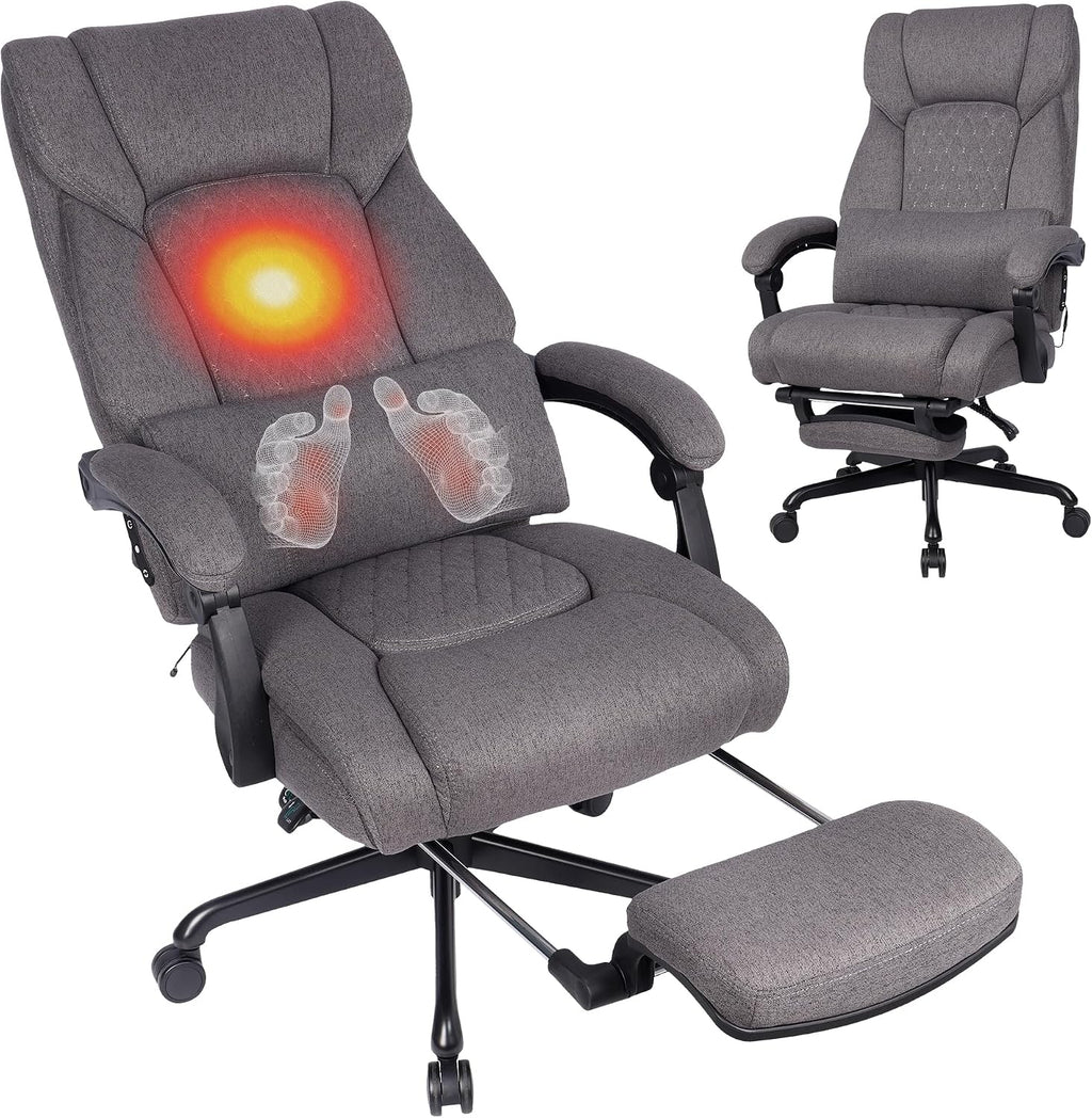 3D Kneading Massage Office Chair with Heat, 500 lbs Big and Tall Executive Computer Desk Recliner, Electric Heated Gaming Chairs with Massage & Footrest, Grey,