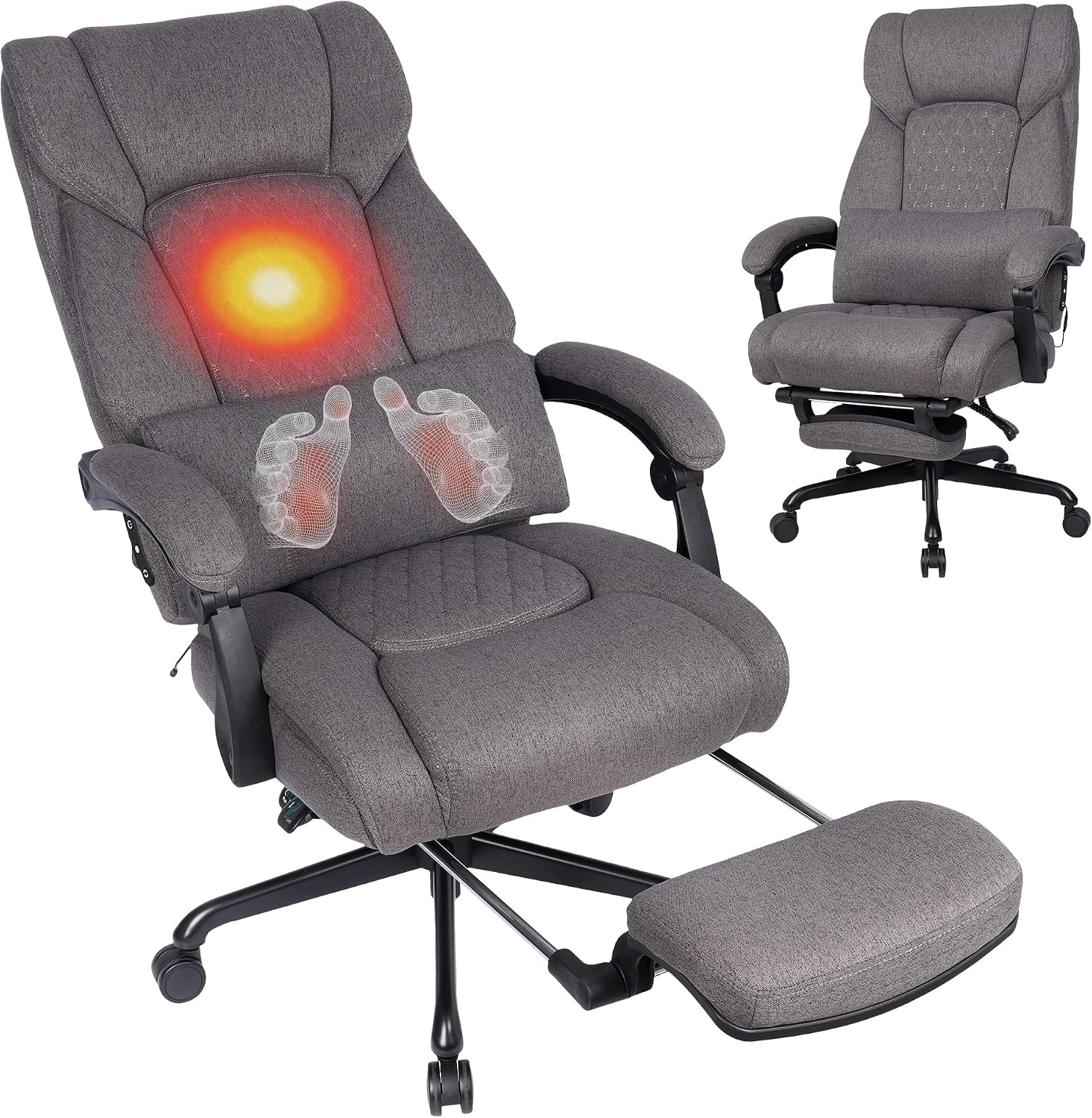 3D Kneading Massage Office Chair with Heat, 500 lbs Big and Tall Executive Computer Desk Recliner, Electric Heated Gaming Chairs with Massage & Footrest, Grey,