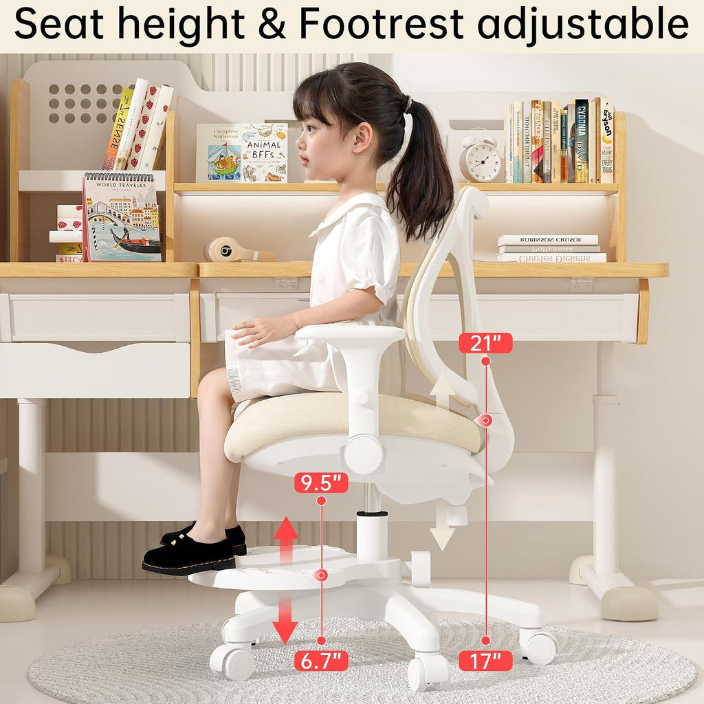 Desk Chair, Ergonomic Study Chair for Kids with Lumbar Support and Footrest, Adjustable Height, Flip-Up Armrests, Mesh Student Chair with Adjustable backrest, Model Deer (Beige)