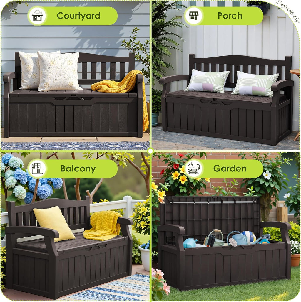 Greesum 80 Gallon Outdoor Storage Bench, Resin Patio Furniture with Armrest,Waterproof and UV-Resistant, Perfect to Garden, Poolside and Lawn, Dark Brown