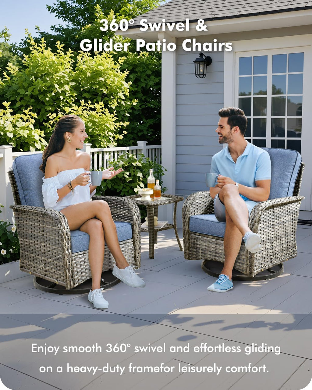 CAODOC 3-Piece Swivel Rocking Rattan Chair Outdoor, Patio Bistro Furniture Conversation Set, Wicker Chair with Coffee Table Blue