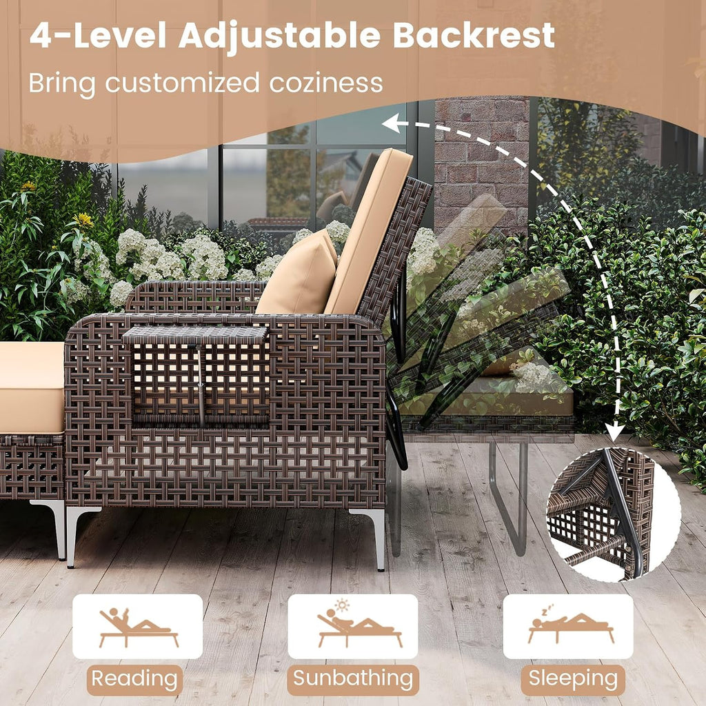 Tangkula Patio Rattan Daybed with 4-Level Adjustable Backrest, Boho Outdoor Wicker Loveseat & Storage Ottoman with Cushion, 2-Person Sun Lounger with Folding Tables for Poolside, Backyard & Garden