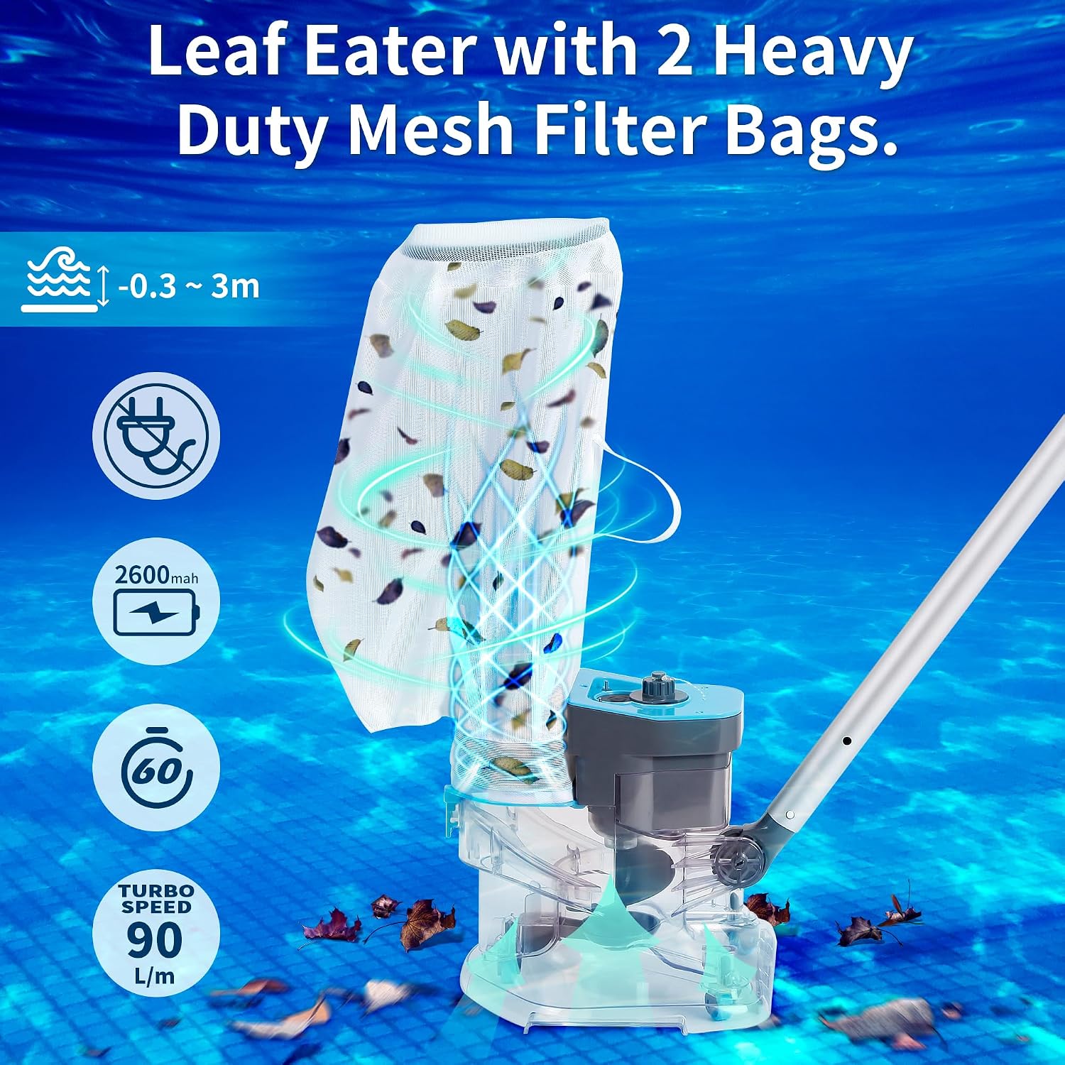 Cordless Pool Leaf Vacuum Cleaner with Dual Filter Bags for Above Ground & Inground Pools – Heavy Duty Swimming Pool Vacuum, 24GPM Strong Suction for Easy Leaf & Debris Removal