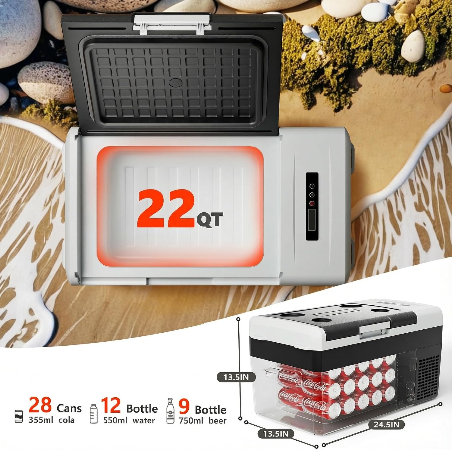 EKOJUCE Portable 12V Refrigerator, 22 Quart Compressor Electric Cooler, 12V Fridge -4℉-68℉, Portable Freezer for Camping, RV, Outdoor