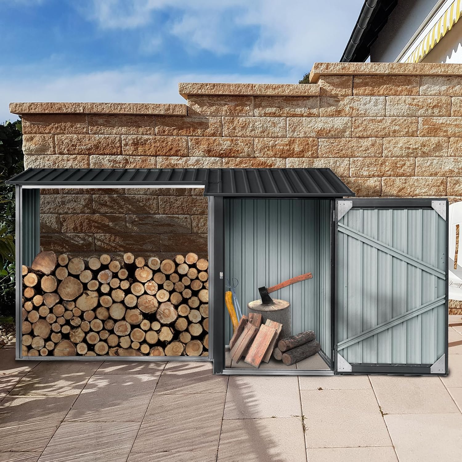 Wood Shed – Durable Galvanized Steel Firewood Storage, Rust & Weather Resistant, Open Design for Easy Access, Multi-Functional Tool Storage for Yard & Garden Use