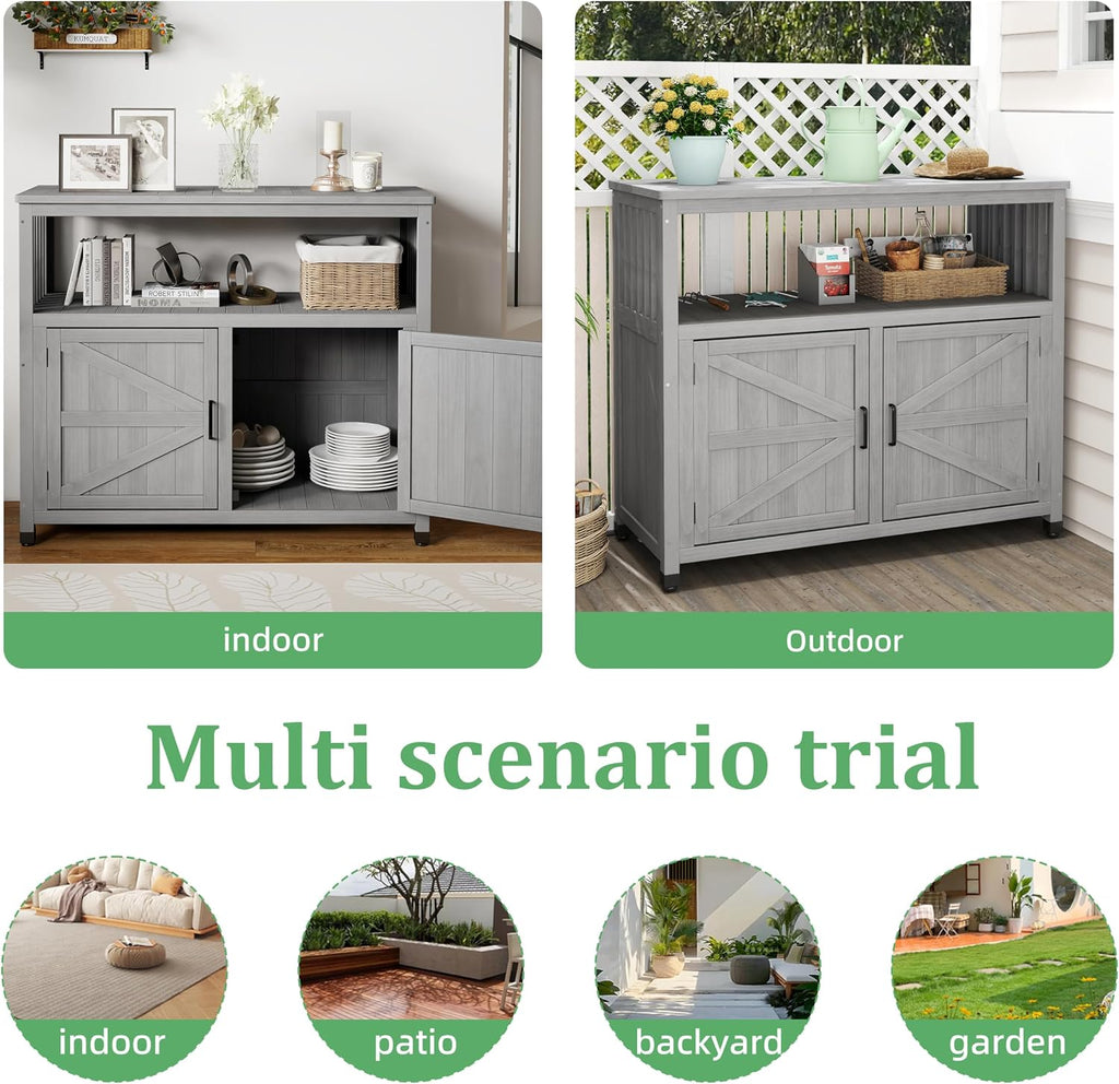 Outdoor Potting Bench with Storage Cabinet, Wood Workstation for Outdoor Patio, Garden (Grey, 42×18×37')