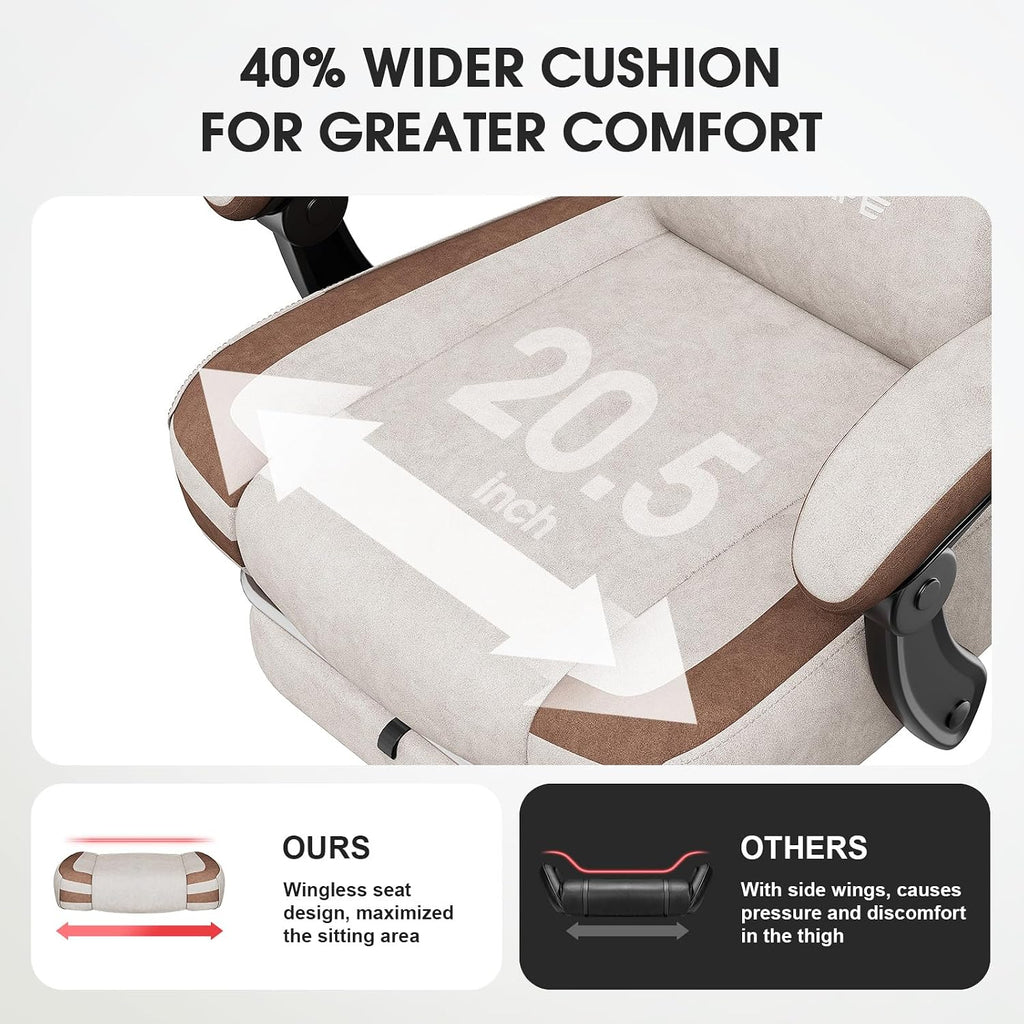Gaming Chair, Fabric Computer Office Chair with Massage, Ergonomic Chair with Footrest Lumbar Support, Pocket Spring Widened Cushion Metal Legs 350LBS Beige