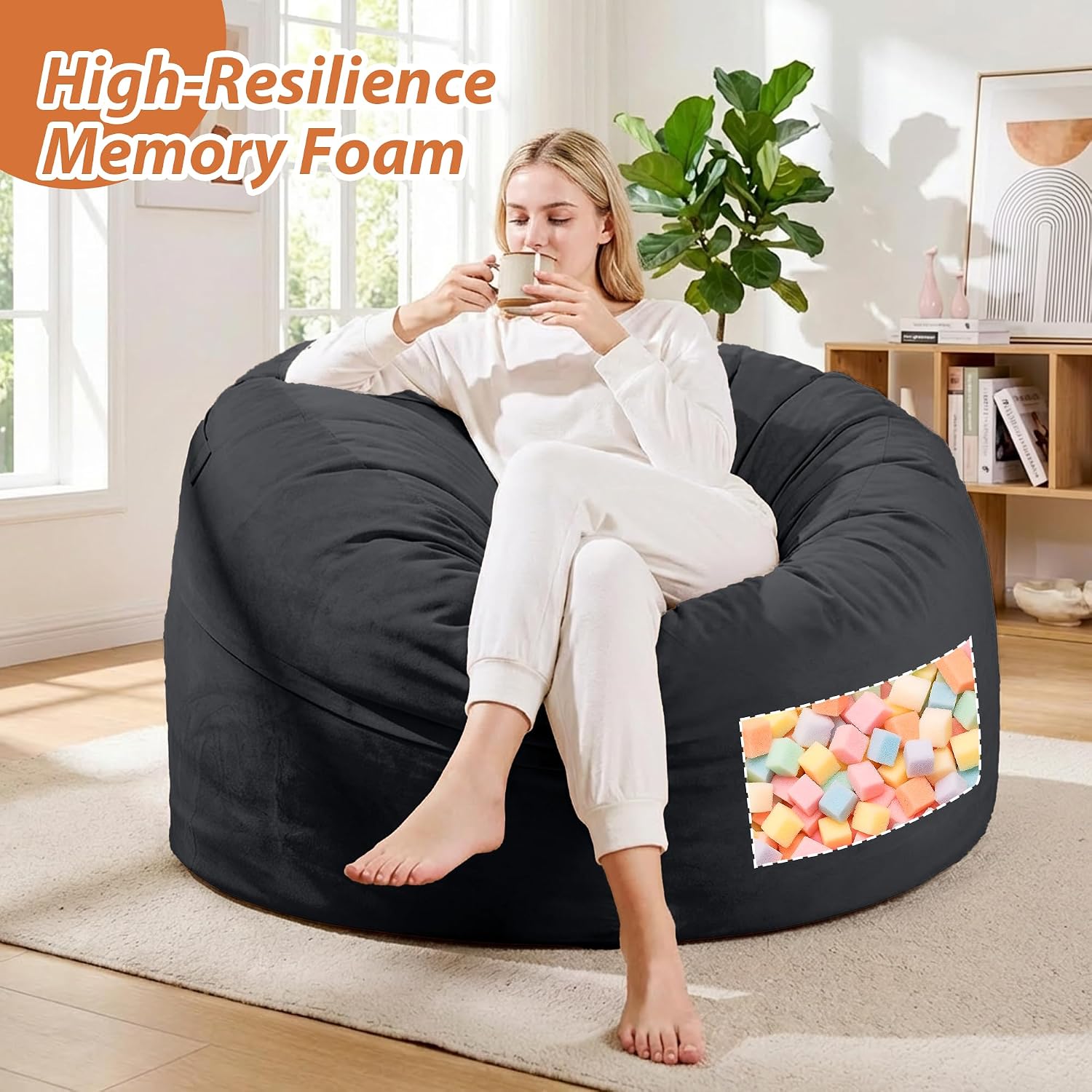 4FT Bean Bag Chair, Bean Bag Chairs for Adults and Kids, Fluffy and Comfy Bean Bag with Velvet Cover, Bean Bag with Memory Foam Filled for Gaming, Living Room, Playroom (Black - Taller version)