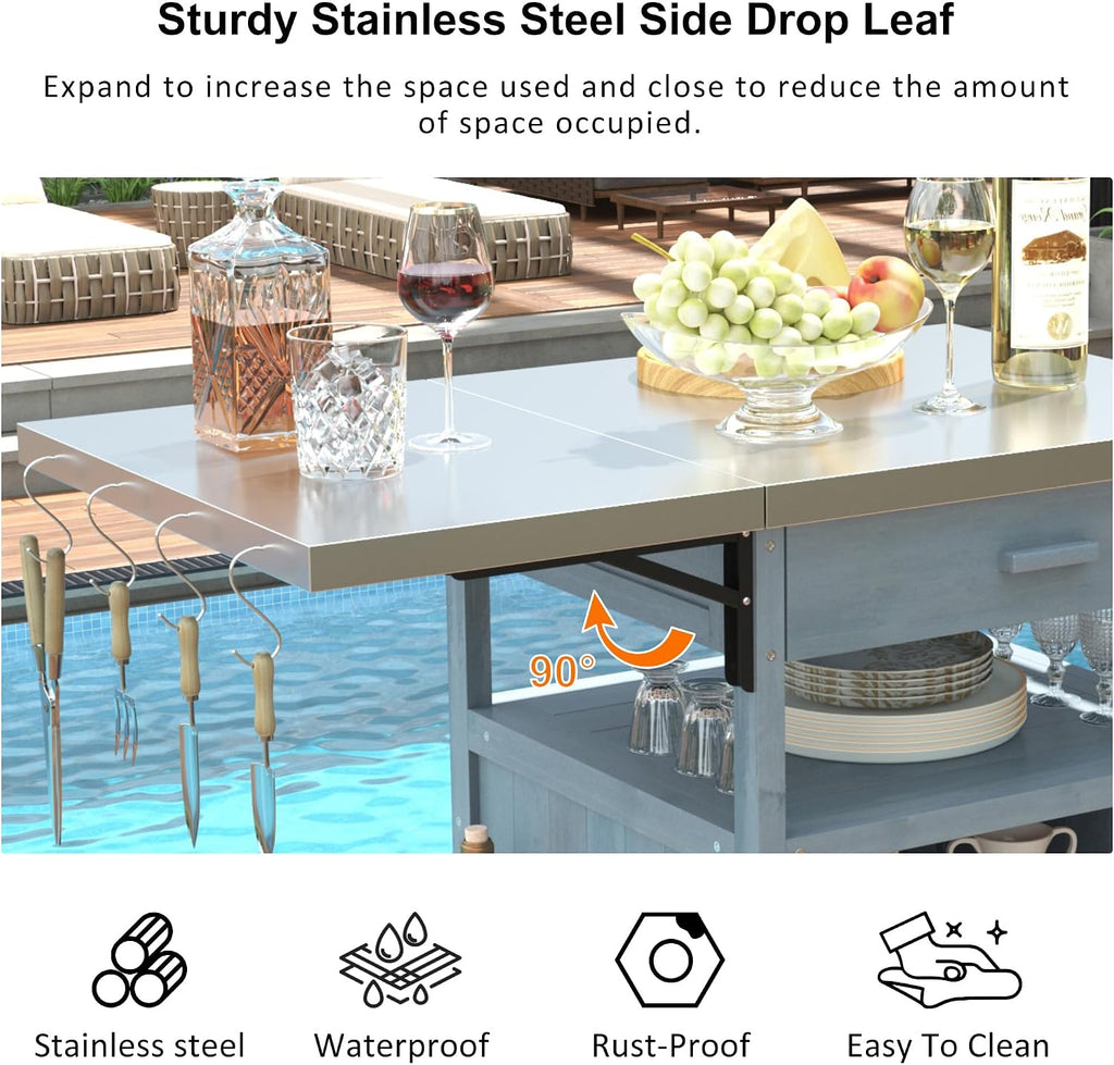 40.5' Outdoor Grill Cart with Stainless Steel Top, Solid Wood Outdoor Storage Cabinet with Drop Leaf, One Drawer, Towel Rack, Rolling Kitchen Cart with Lockable Wheels for Lawn Garden, Blue Grey