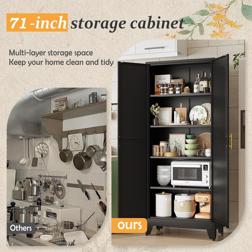 Black Pantry Storage Cabinet,71' Kitchen Pantry with Doors and 4 Adjustable Shelves, Metal Storage Cabinet, for Office, Home, Garage, School
