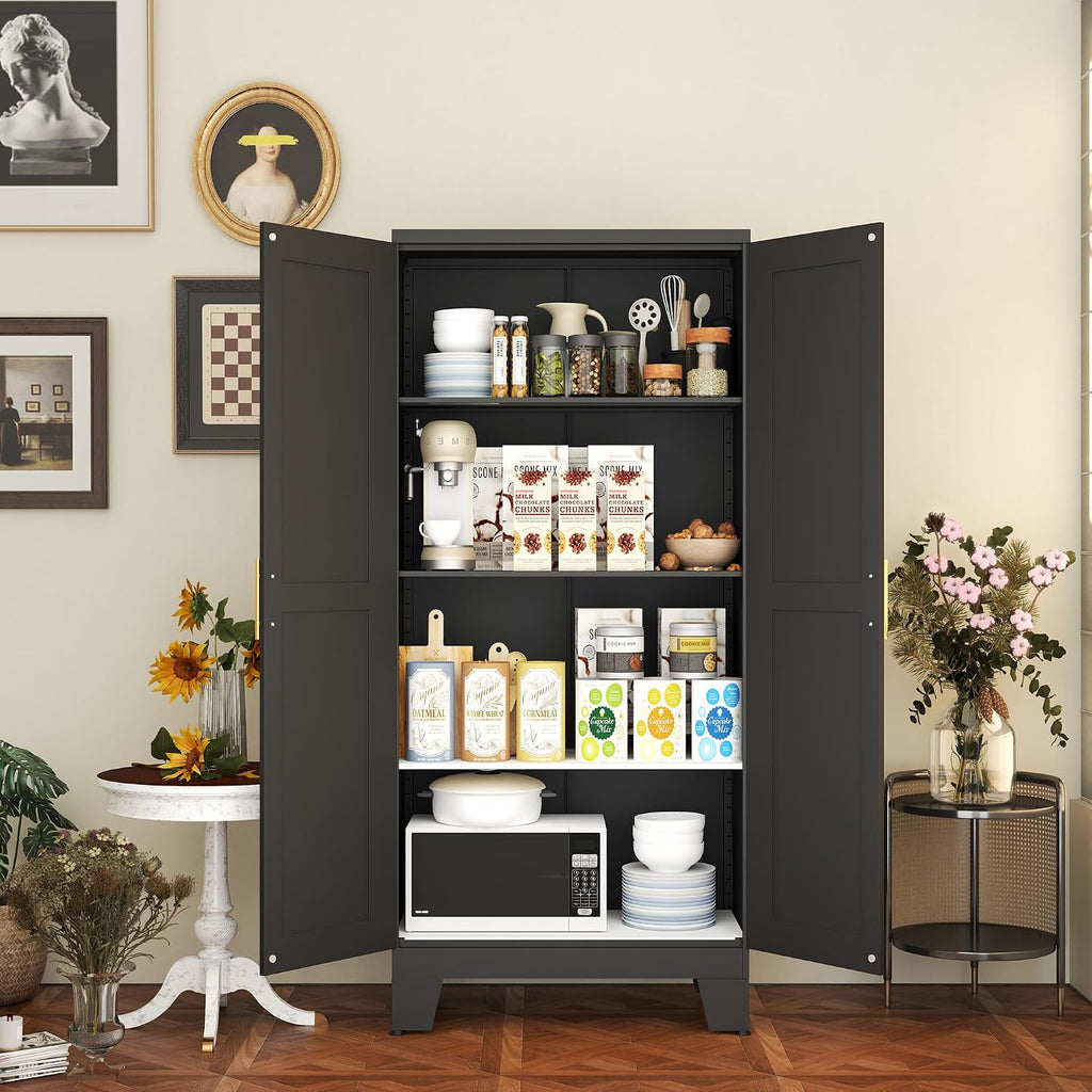 Black Metal Storage Cabinet, 61' Steel Cabinets for Home Office, Kitchen Pantry Storage Cabinet with Doors and 3 Adjustable Shelves, Metal Tool Cabinet, for Office, Home, Garage, School