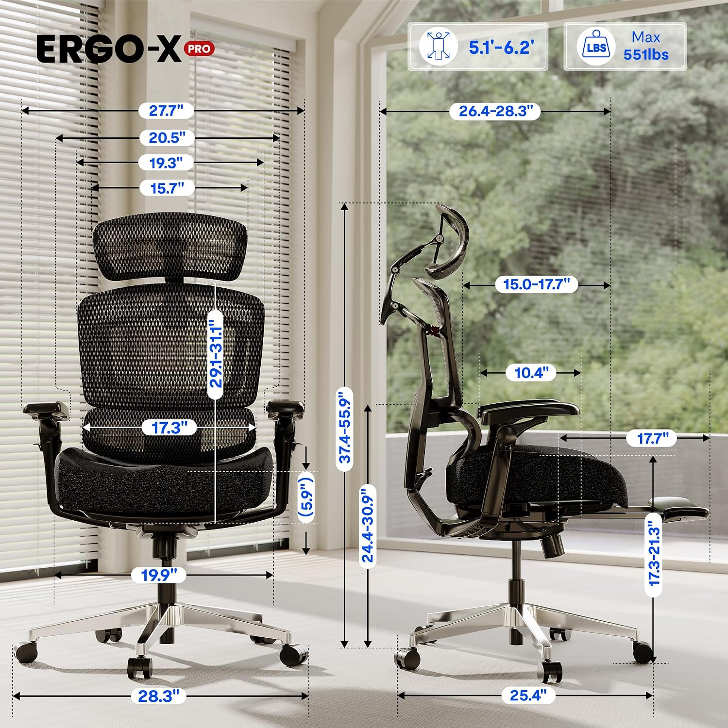 FLEXISPOT ErgoX-PRO Ergonomic Office Chair with Footrest Black – Cloudtech Cushion, 5D Lumbar, 7D Armrests, 4D Headrest, 551LBS Capacity – Office, Gaming, Home