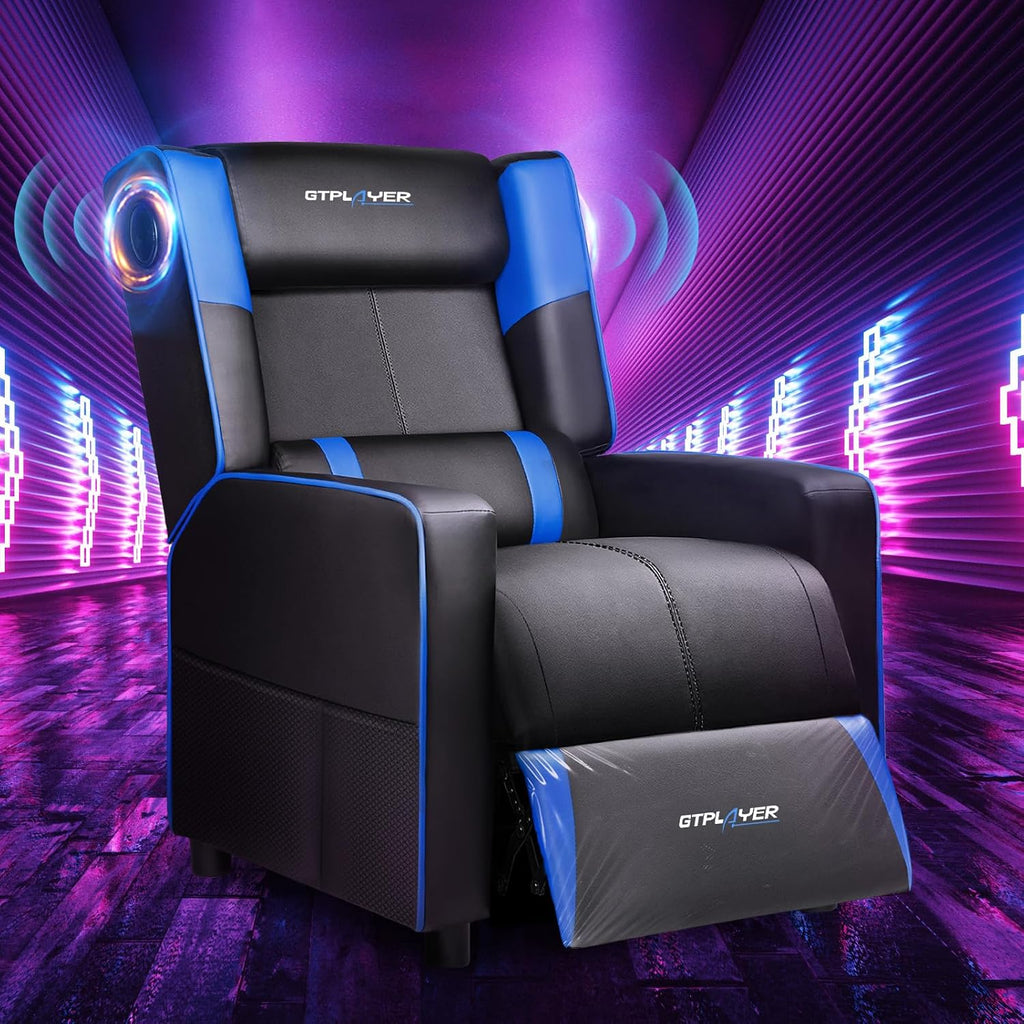 GTPLAYER Gaming Recliner Chair with Bluetooth Speakers Racing Style Single Gaming Sofa Modern Living Room Recliners Ergonomic Comfortable Massage Home Theater Seating, Blue