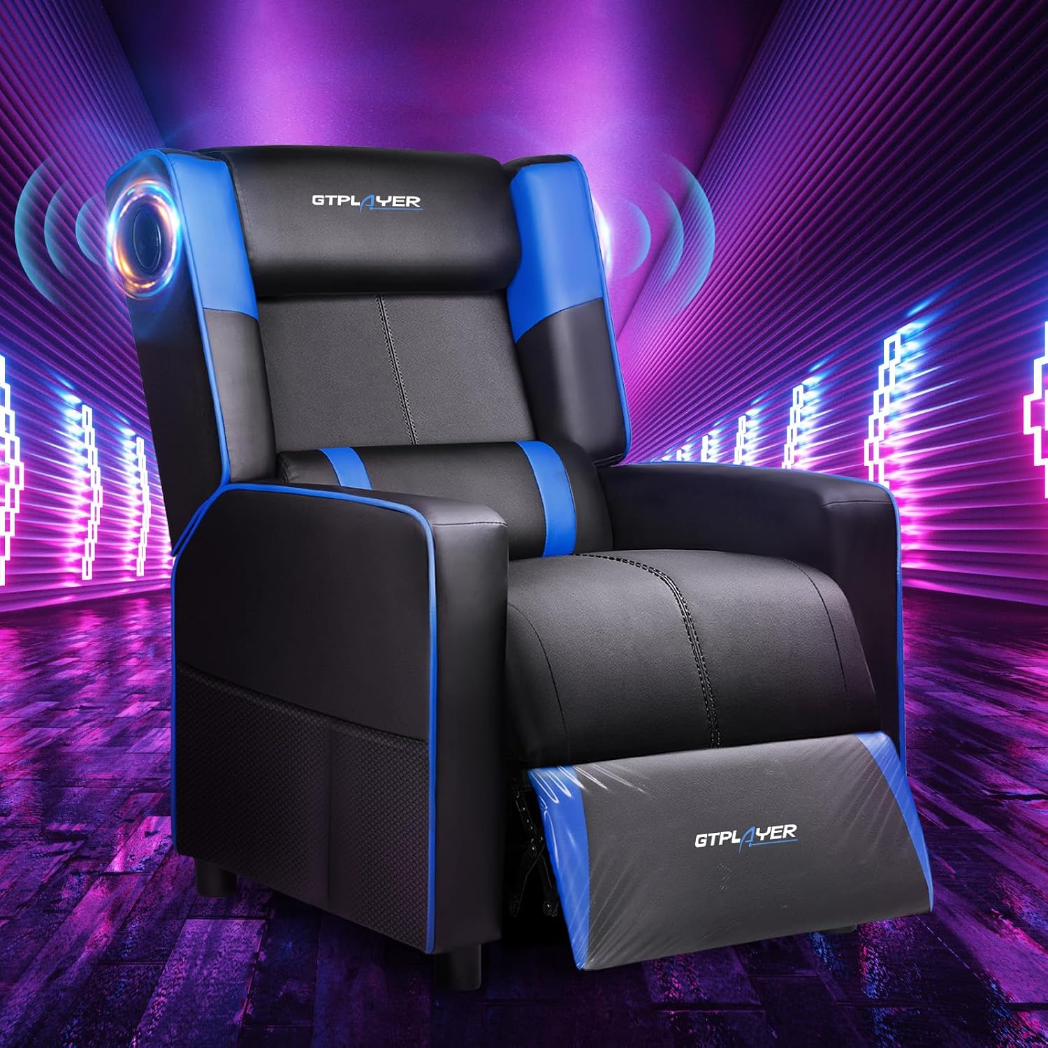 GTPLAYER Gaming Recliner Chair with Bluetooth Speakers Racing Style Single Gaming Sofa Modern Living Room Recliners Ergonomic Comfortable Massage Home Theater Seating, Blue