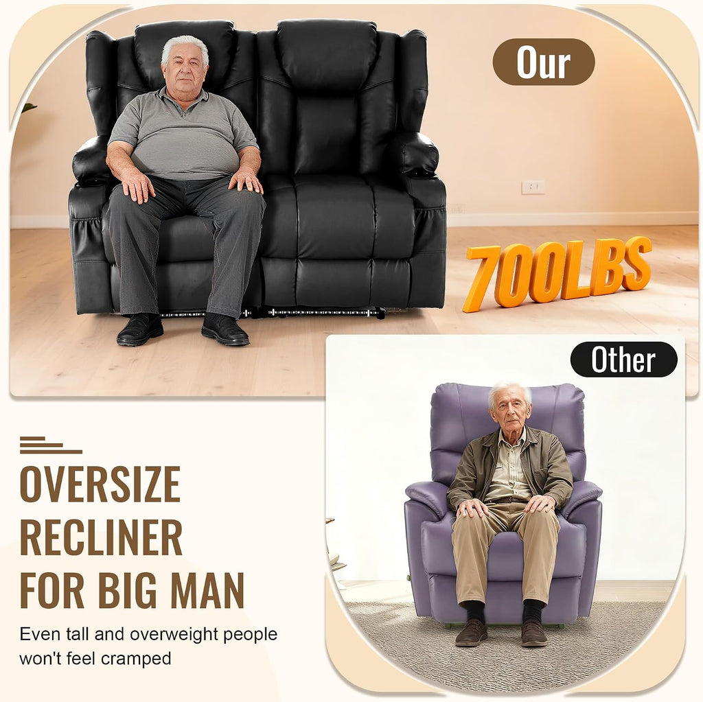 Power Recliner Loveseat for Living Room, Loveseat Sofa with Center Console, USB Type-C Port, Leather Chair with Massage and Heat, Speaker Oversized Recliner Chair for Home Theater (Black)