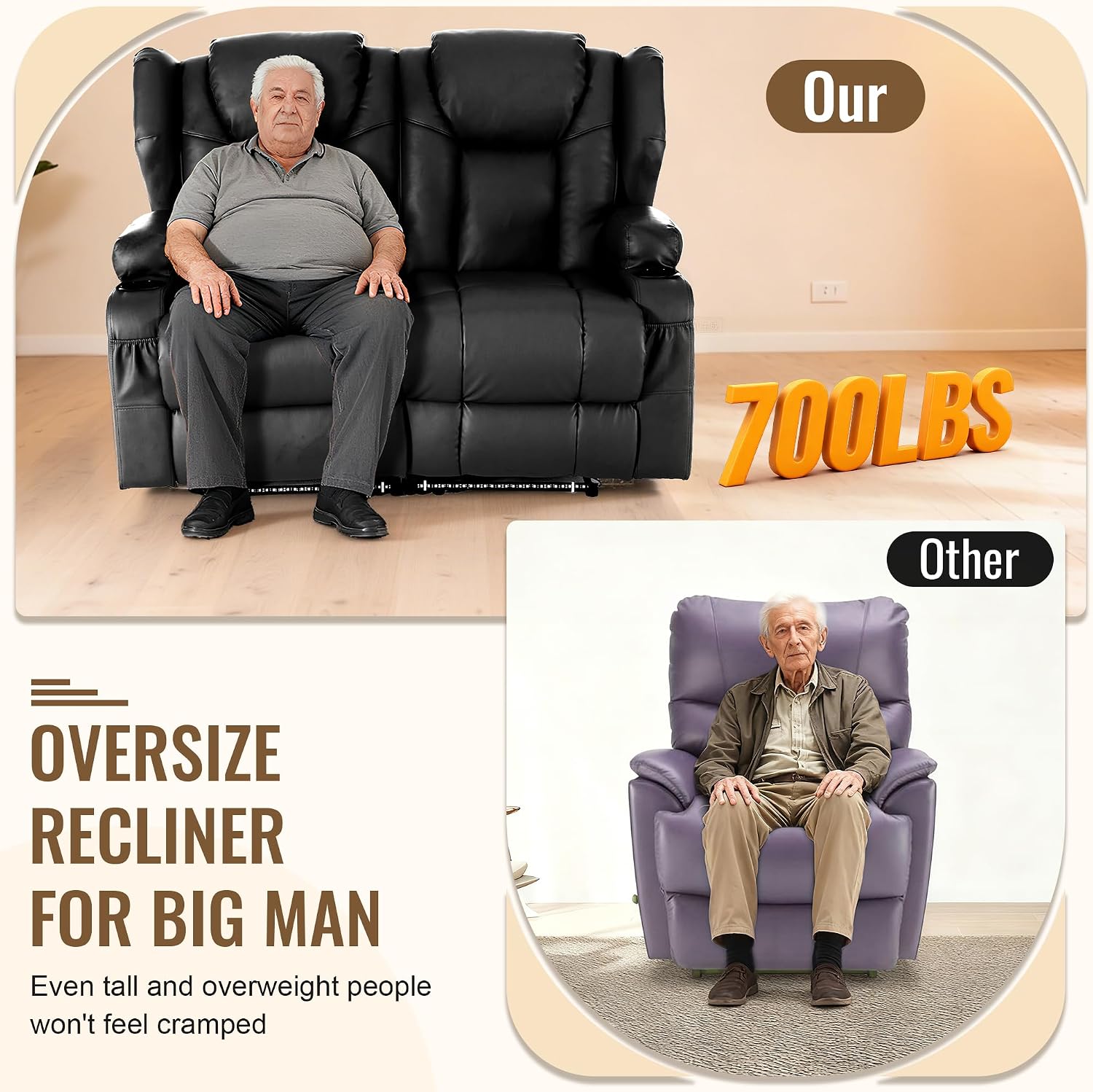 Power Recliner Loveseat for Living Room, Loveseat Sofa with Center Console, USB Type-C Port, Leather Chair with Massage and Heat, Speaker Oversized Recliner Chair for Home Theater (Black)