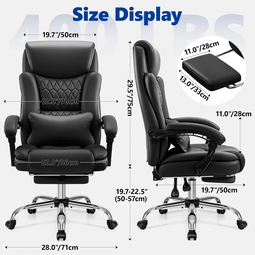 Big and Tall Office Chair 400lbs - Wide Memory Foam Seat with Spring Pack, Reclining Executive Desk Chair with Footrest, Ergonomic Heavy Duty High Back Computer Chair, Black