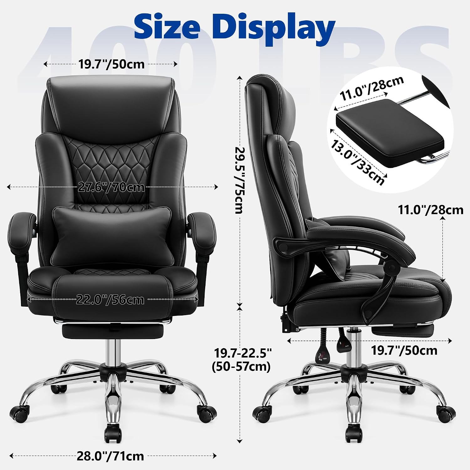 Big and Tall Office Chair 400lbs - Wide Memory Foam Seat with Spring Pack, Reclining Executive Desk Chair with Footrest, Ergonomic Heavy Duty High Back Computer Chair, Black